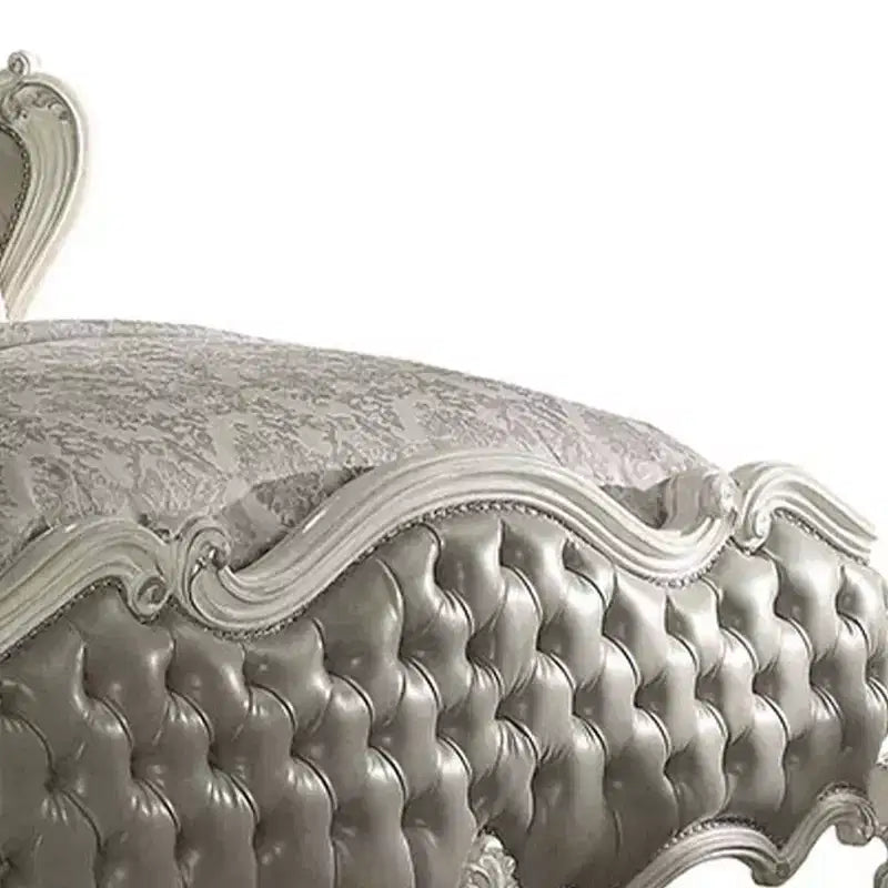 Letto matrimoniale Queen size 95" Versailles, in pelle sintetica grigio vintage e finitura bianco osso