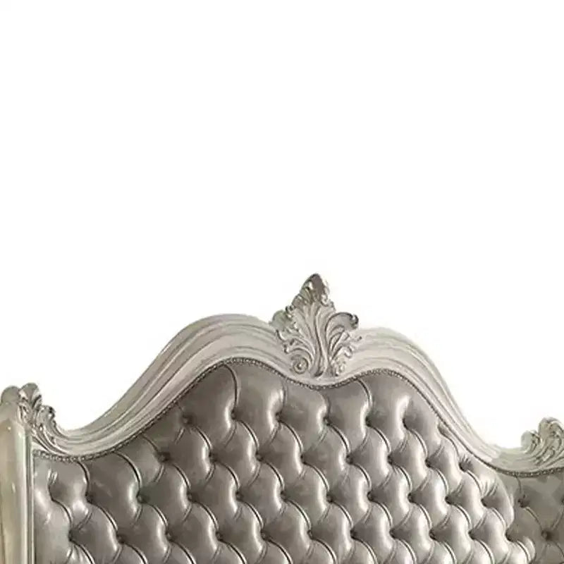 Letto matrimoniale Queen size 95" Versailles, in pelle sintetica grigio vintage e finitura bianco osso