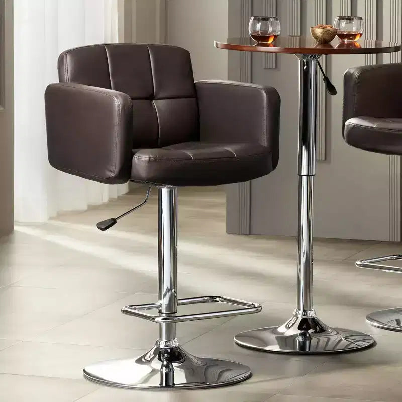 Sgabello da bar girevole Trek Chrome 32 3/4" di altezza, moderno, regolabile, cuscino color espresso con schienale e poggiapiedi per isola da cucina ad altezza bancone