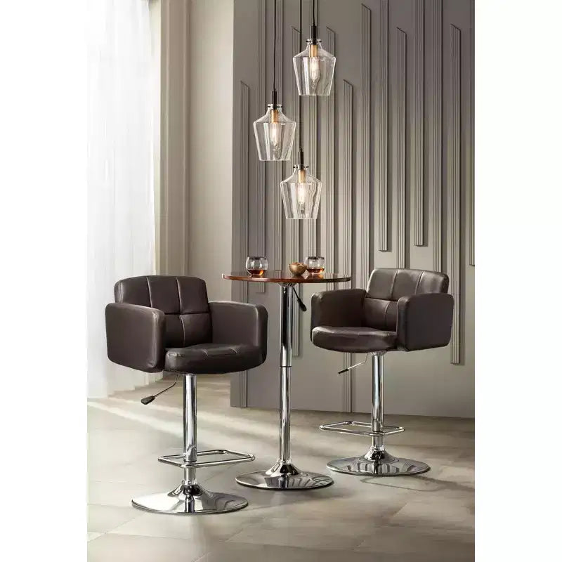 Sgabello da bar girevole Trek Chrome 32 3/4" di altezza, moderno, regolabile, cuscino color espresso con schienale e poggiapiedi per isola da cucina ad altezza bancone